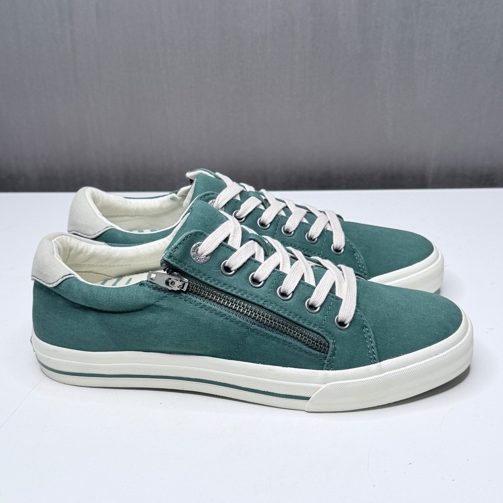 Taos Z Soul Sneakers Womens Sz 9.5 Green Canvas Side Zip Low Top Shoes Comfort